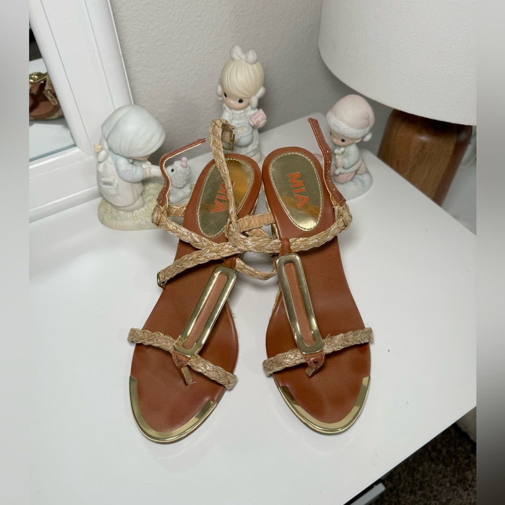 MIA Tan and Gold Wedges